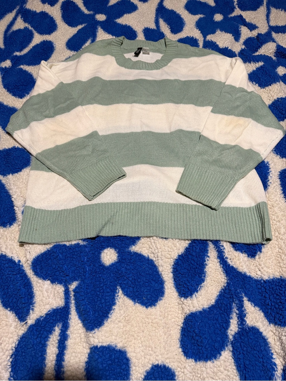 H&M Striped Crewneck Sweater - Sage Green & White